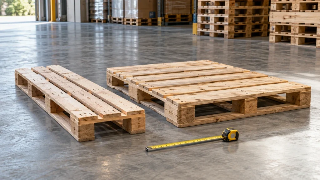 Deux palettes de dimensions différentes dans un entrepôt avec un mètre ruban