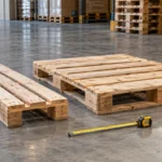 Deux palettes de dimensions différentes dans un entrepôt avec un mètre ruban