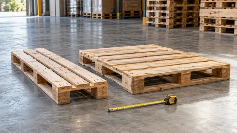 Deux palettes de dimensions différentes dans un entrepôt avec un mètre ruban