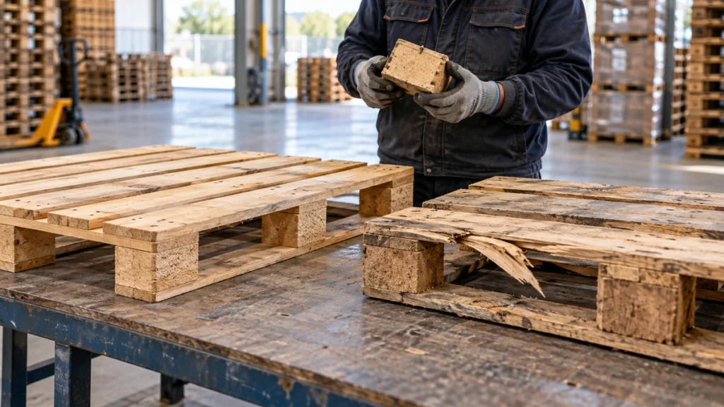 Contrôle de deux palettes en bois, dont une présente une planche cassée