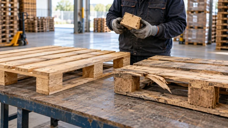 Contrôle de deux palettes en bois, dont une présente une planche cassée