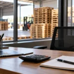 Calculatrice et carnet sur un bureau donnant sur un stock de palettes