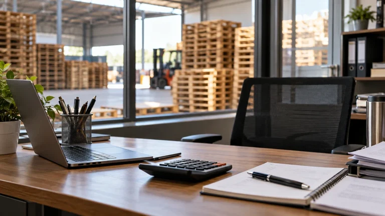 Calculatrice et carnet sur un bureau donnant sur un stock de palettes