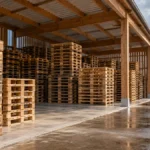 Palettes en bois rangées sous un abri ventilé après une averse