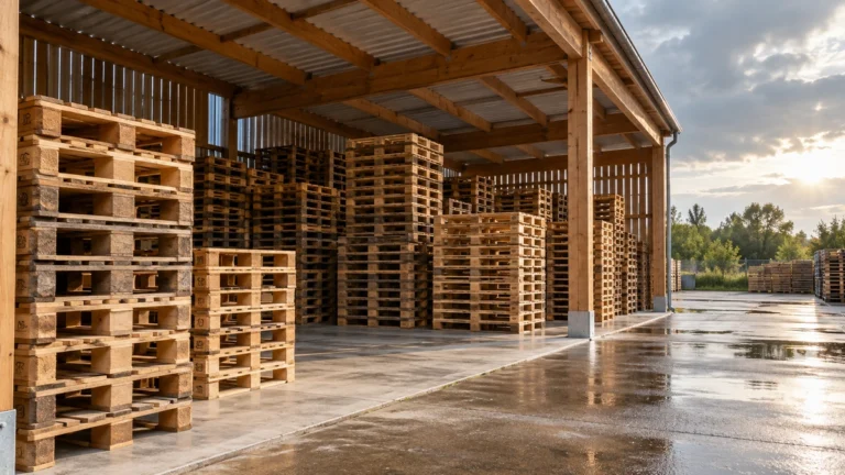 Palettes en bois rangées sous un abri ventilé après une averse