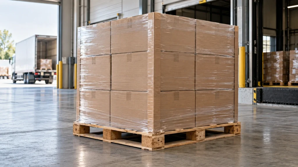 Palette de cartons alignés et maintenus par un film transparent sur un quai
