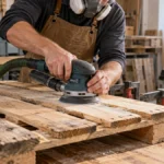 Préparation d’une planche de palette avec une ponceuse reliée à une aspiration