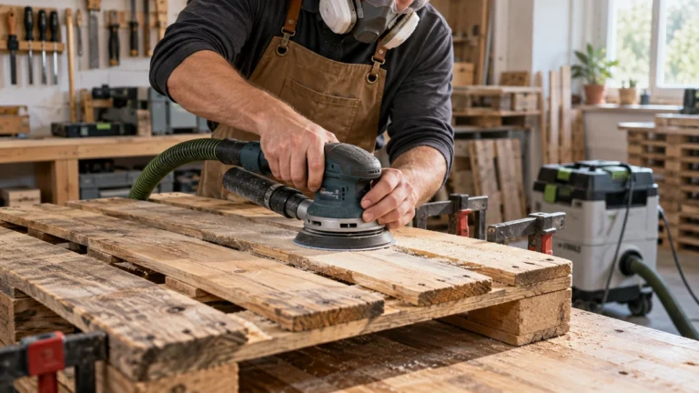 Préparation d’une planche de palette avec une ponceuse reliée à une aspiration